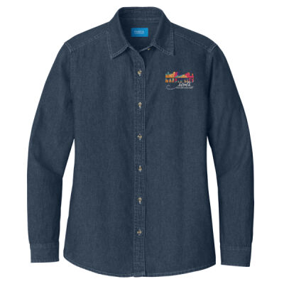 MCS White Embroidered  - Ladies Long Sleeve Value Denim Shirt Thumbnail